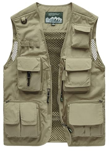 Vanchenl Herren Freizeit Safari Angeln Outdoor Arbeit Weste Jacke Foto Reise Cargo Mesh Weste Multi Taschen Khaki M