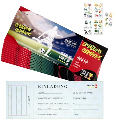 Tikplus Fussball Einladungskarten Kindergeburtstag Junge,12x Einladungskarten Fussball mit Fussball Aufkleber, Partyeinladungen Einladungskarte für Jungen,Mädchen,Einladungskarten Fussball Geburtstag