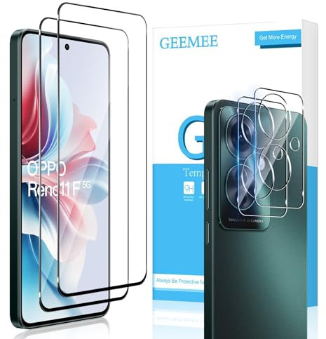 GEEMEE 2+2 Piezas Protector de Pantalla para OPPO Reno11 F/Reno 11F 5G/ Reno 11 F 5G, Borde Negro Cristal Templado y Protector de Lente de Cámara, 9H Dureza Anti-Arañazos Sin Burbujas Vidrio Templado
