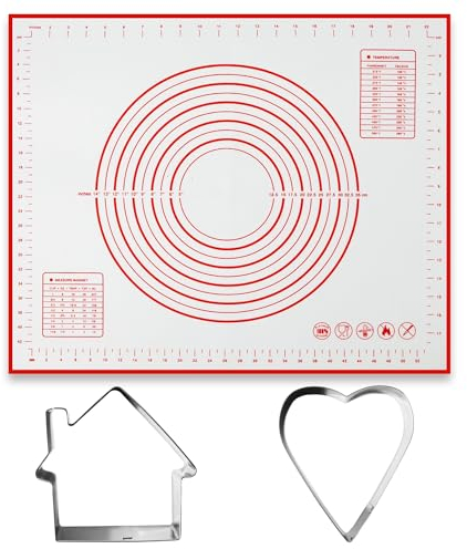SPIANATUTTO - Nuova Spianatoia per Impastare Silicone 60 x 50 cm, Tappetino Silicone Cucina, Con Accessori Formine Per Biscotti A Forma Di Casa E Cuore In Alluminio