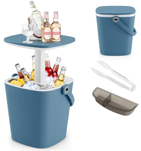 COSTWAY 15L Outdoor Cool Bar Table, Patio Cooler Side Table with Lift Top Lid, Bottle Opener and Handle, Pop up Ice Bucket Table Drinks Storage Holder for Party, Picnic & Camping (Blue)