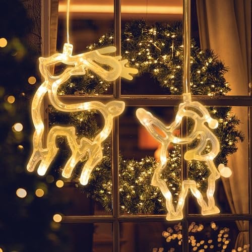 Jsdoin Luces de Navidad, Papá Noel y Alce LED Cortina Luces a Pilas, Temporizador, Luces de Ventana para Navidad Decoracion, Fiesta, Boda, Bar(Blanco Calido)