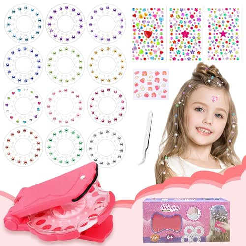 NYZQIW Hair Bedazzler Kit,Maquina Brillantes Pelo Niña con 180 Gemas y 3 Pegatinas Autoadhesivas para Niños,Pegatinas De Uñas Herramienta De Peinado De Bedazzler Purpurina Pelo Diamantes. (180)