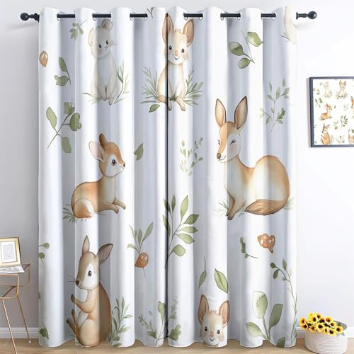 Verdunklung Svorhänge Schlafzimmer H166 x B150 cm, Cartoon Tiere Rehe und Kaninchen Thermo Isolierte Vorhänge, Waschbarer Cartoon Tiere Polyesterfaser Vorhan, Anwendbar Kinderzimmer und Wohnzimmer