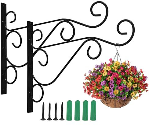 AUXHCYL 2Pcs Hanging Basket Brackets Outdoor,Hanging Baskets Plant Hooks,25cm Iron Hanger Wall Hook for Lantern,Planter,Bird Feeder, Fence (Black)