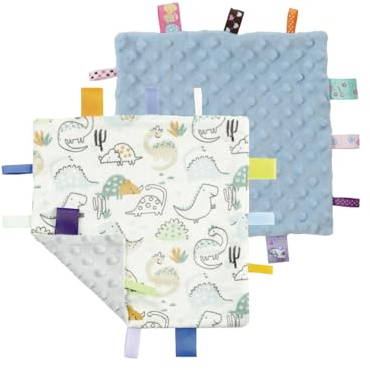 CREVENT Tag Sicherheit Decken für Babys, weiche kleine Loveys für Mädchen, Baby Tröster sensorische Decke, große Geschenke für Geburtstag Baby Dusche 24X24cm (Dinosaurier + blau)
