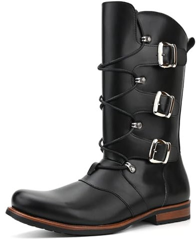 Uomo PU Pelle Moto Stivali Lunghi Cerniera Laterale Impermeabile Biker Equitazione Punta Rotonda Cowboy Occidentale Tattico Esercito Stivale Nero Uomo Scarpe,Nero,44 EU