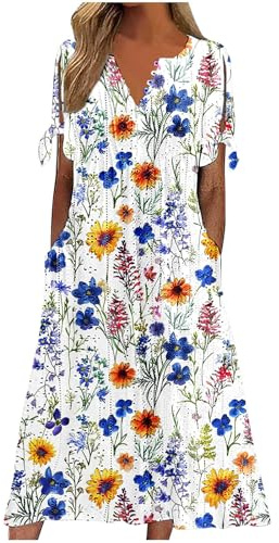 Dresses for Women UK, Holiday Essentials Ladies Summer Boho Dresses Short Sleeve Casual Beach Midi Sundress V Neck Hollow Out Eyelet Ruffle Swing A Line Flowy Vacation Dress