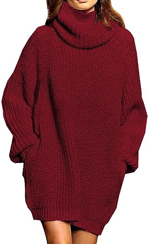 Pink Queen Damen Strickpullover Oversize Pulloverkleid Rollkragen Lose Taschen Langarm Lässig Longpullover Weinrot L