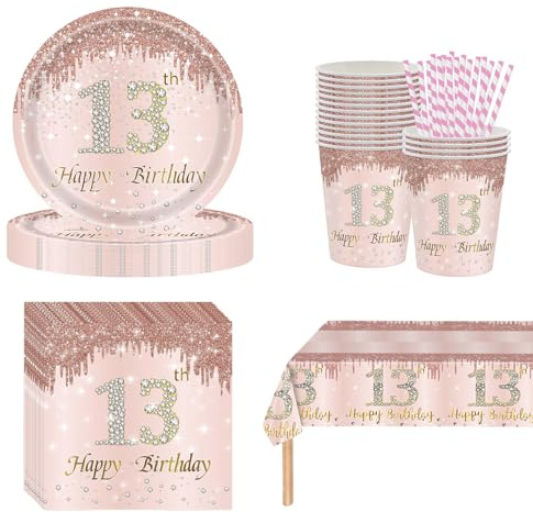 YRsorn 13. Geburtstag Mädchen Deko Partygeschirr Set - Pappteller Kindergeburtstag Tischdeko, Deko 13. Geburtstag Mädchen Teenager Geburtstagsparty, Geburtstagdeko für 16 Gäste