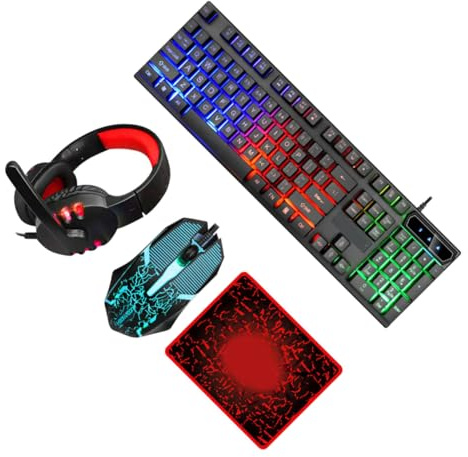 UTHCLO Gaming Keyboard Mouse Headset Combo with Rgb Lighted Cracked Texture Wired USB Computer Accessory Including Mousepad for Office and Gaming