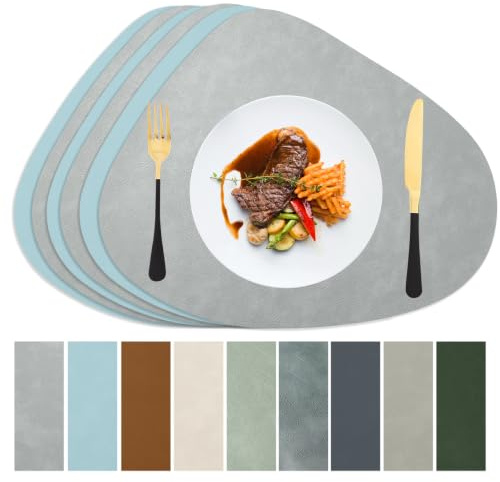 HaruYo Set di 6 Tovagliette in Pelle PU, Doppia Faccia, Lavabile | Forma a Goccia, Antimacchia, Resistente al Calore, Anti-Graffio, Impermeabile, Grigio chiaro e azzurro pallido