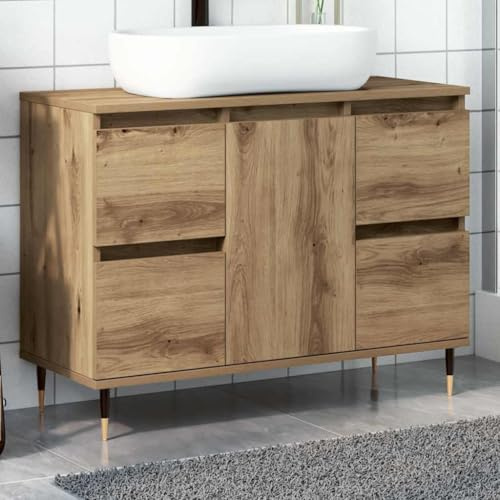 Foknhdi Badezimmerschrank Artisan-Eiche 80x33x60 cm Holzwerkstoff mit Eisenfüßen Modernes Design und Haltbarkeit für Badezimmer Gäste-WC