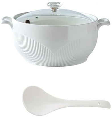 Pentola in ceramica e argilla, ciotola per zuppa in porcellana, manico per brodo di cottura, stufato di noodle, moderna zuppiera rotonda bianca con coperchio in vetro e mestolo, coperchio di alta