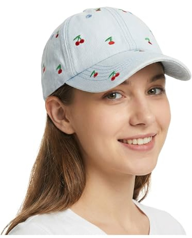 YAMEE Baseball Cap Damen Denim,Hut Damen Weiche,Atmungsaktiv Kappe,Basecap Verstellbar,Sonnenhut Frauen Casual mit Kirsch-Stickerei,Baseballkappe für Outdoor Sport
