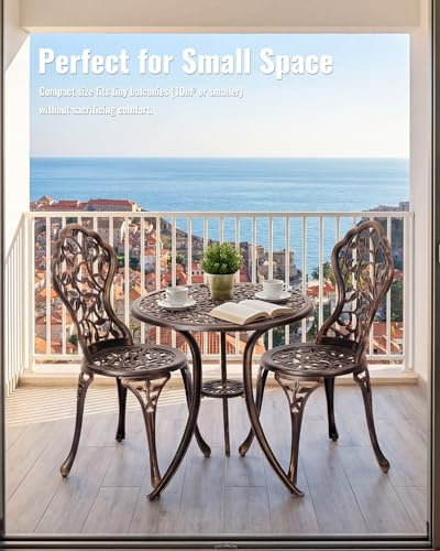 Roomark 3tlg Bistro Set, Gartenmöbel Set aus Aluguss,Balkonset Gartenset bis 120kg, Balkonmöbel Set Antik mit 2 Stühlen&Rundem Tisch für Garten,Terrasse & Kleinen Balkon (Bronzenes Blattmuster)