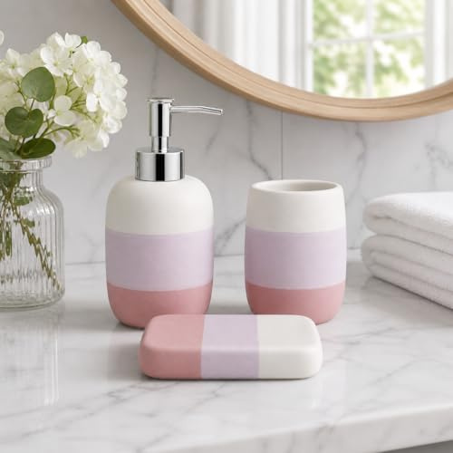 Virtime Set Accessori Bagno 3 Pezzi in Ceramica Lucida Modello Incas, Dispenser Sapone Liquido, Porta Spazzolini e Porta Saponetta (Bicolore Rosa)