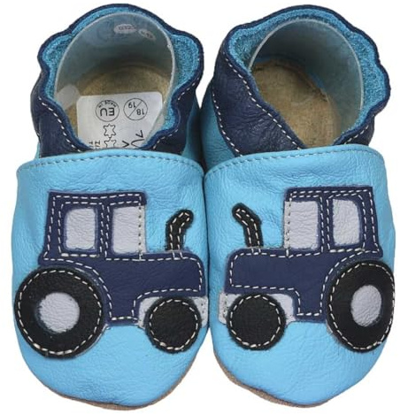 HOBEA-Germany Krabbelschuhe für Kids 16/17, Traktor blau | Italienisches Leder, IGR zertifiziert (ergonomisches Produkt), Barfußschuhe Hausschuhe