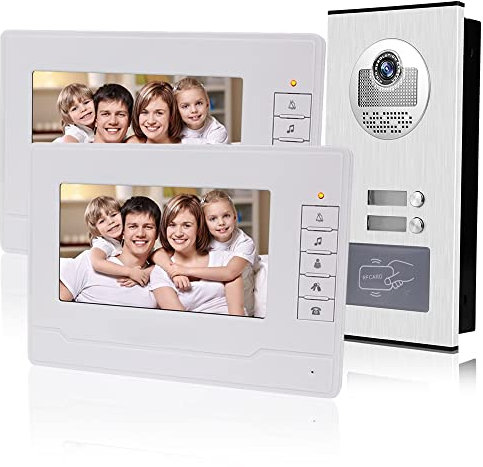 KDL Home Video Citofono RFID da 7 Pollici Sistema di Porta Telefonica 2 Monitor con 1 Telecamera con Visione Notturna Infrarossi per Multi Appartamenti/Edificio basso con portachiavi 125KHz