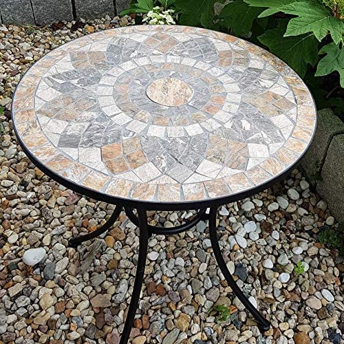 K&L Wall Art Gartentische mit Steinmosaik Tischplatte Gartenmöbel Balkon Tisch Naturstein Mosaik Balkonmöbel Bistro Möbel Winterfest (Gartentisch Rund Ø 60x70cm)