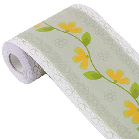 3D Wall Paper Border Self Stick Wall Covering PVC Floor Borders for Kitchen Bathroom Bedroom Wall Decor Paper, 3.94 Inch by 32.8 Feet (Green Yellow Flower)