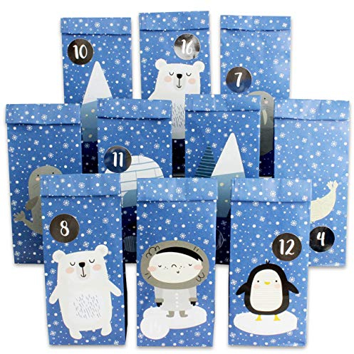 Papierdrachen DIY Adventskalender 2024 - zum Befüllen - Poloartiere zum Aufkleben - mit 24 blau bedruckten Papiertüten und tollen Stickern für Kinder - Weihnachten