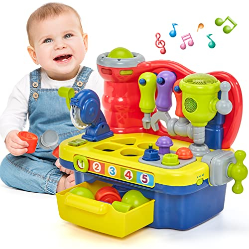 hahaland Banco de Trabajo Juguetes Niños 1 año 2 años, Banco de Herramientas Multifuncional con Música y Luz Juguetes Bebes 6-12 Meses Juguete de Martillo Juego de Desarrollo y Aprendizaje Temprano
