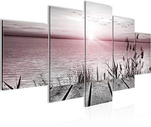 Runa Art Wandbilder Brücke Am See 5 Teilig Bild auf Vlies Leinwand Deko Wohnzimmer Schlafzimmer Meer Grau Rosa 034352b