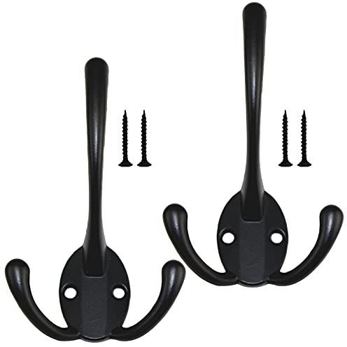 2Pcs Coat Hooks Black Door Hooks Heavy Duty Vintage Hook Wall Hooks Retro Coat Rack Wall Mounted Metal Clothes Hooks Double Robe Hooks with 4 Screws for Door Wood Rail Scarf Bag Towel Key Cap Cup Hat