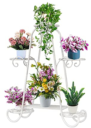 KOLENSA Supporto per piante a 6 livelli con vassoio rotondo per interni ed esterni, ripiano portavasi per piante multiple, espositore porta vasi per piante da giardino patio