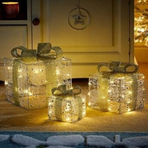 Marco Paul Christmas Set of 3 Snow Frosted Light Up Faux Gift Boxes Pre-Lit Warm White LED Parcels Battery Operated Festive Decoration Xmas Sparkly Gifts Pre Lit Xmas Ornaments Battery Powered (Gold)