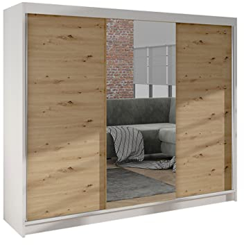 Mirjan24 Kleiderschrank Dotan I mit Spiegel, Kleiderstange und Fächer, Schlafzimmerschrank, Schwebetürenschrank, Flurschrank, Garderobenschrank, Dielenschrank (Weiß/Artisan)