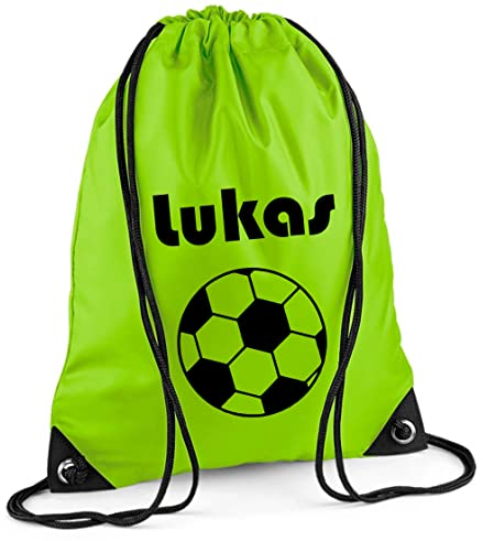 Turnbeutel mit Namen | Motiv Fußball | inkl. Namensdruck | Personalisieren & Bedrucken | Sportbeutel Schuhbeutel dunkel-blau für Jungen Kinder(Limette)
