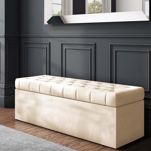 R&M Furnishers SD Chesterfield Ottoman Storage Box - Cream Plush Velvet Storage ottoman- Ottoman Footstool with Storage - Chesterfield Upholstered Coffee Table- End of Bed Storage Bench