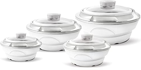Jaypee Insulated Casserole Dishes | Serving Dishes With Glass Lid | Stainless Steel Inner | Keep Food Warm | Thermal Food Container | Hot Pot | Set of 4-1L, 1.5L,2L & 3L-By Nyra (White)