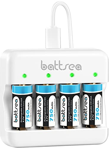 Battsea Rechargeable Battery 4 Pack 750mAh 3.7V Lithium Batteries 123A with Fast Charger Compatible with Arlo Camera Flashlights Microphone Smoke Detector Electric Shaver Alarm Clock Calculator