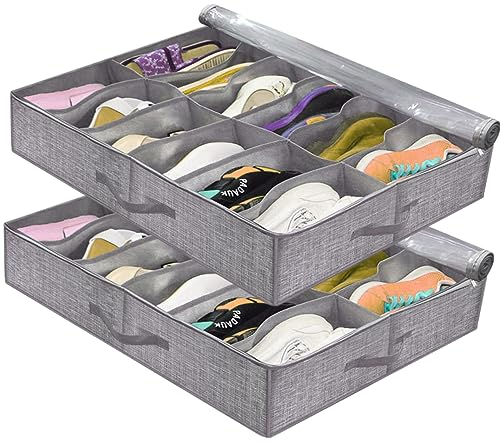 TUAKIMCE 2 Pack Under Bed Shoe Storage Organiser, Fits 24 Pairs Total, Folding Under Bed Shoe Box with Transparent Lid and Reinforced Handles - Underbed Storage Solution Style A