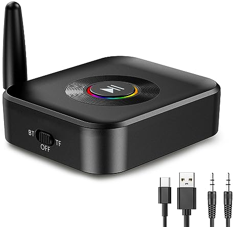 OQIMAX Aux Bluetooth Adapter, Bluetooth 5.1 Empfänger mit RGB Licht, Audio Receiver mit Aux 3.5mm Jack, Unterstützt TF-Karte, für TV Lautsprecher Autoradio Home Stereoanlage