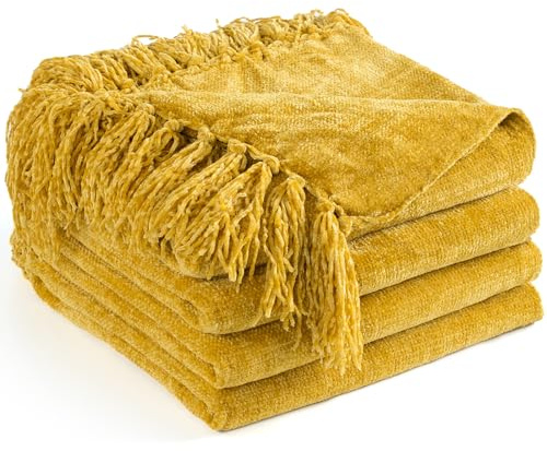 LONG CREATE Chenille Throw Blanket for Couch 50X 60, Soft Cozy Throws with Fringe Tassel for Bed Sofa Chair Cover, Lightweight Knitted Decorative Boho Blankets for Living Room, Yellow