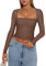 YILEEGOO Women Y2K Long Sleeve Tops Sexy Low Cut Square Neck Basic Tops Blouse Casual Slim Fit Solid Color Crop Top Tight T-Shirt (Brown, M)