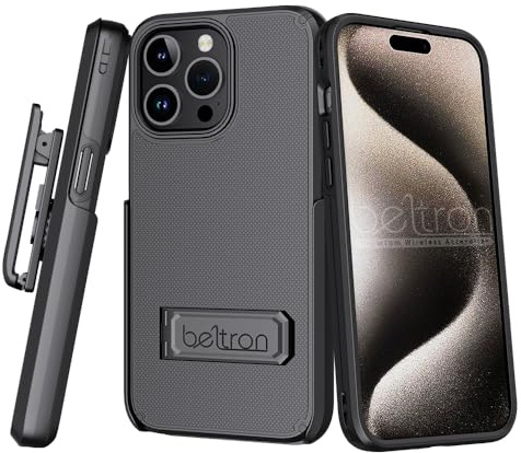 Case with Belt Clip for iPhone 15 Pro Max, BELTRON Slim Protective Full Body Grip Case & Swivel Belt Holster with Kickstand/Card Holder - Compatible with Apple iPhone 15 Pro Max