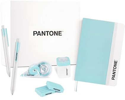 PANTONE™ Pastel Gift Box - Schulsachen mit 2 Schwarzen Kugelschreiber Stiftspitze 0,7 mm, 1 Notizbuch, Radiergummi 2 Stück, 1 Spitzer mit Dose und 1 Korrekturroller 10 Meter, Aesthetic School Stuff