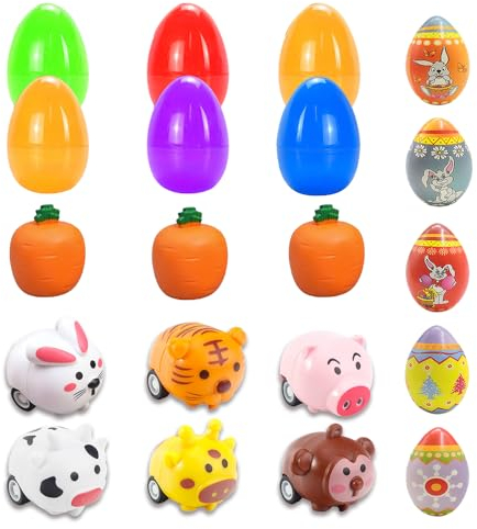 6 Stück Gefüllte Ostereier mit Spielzeugautos,3Pcs Anti Stress Bälle Kaninchen,5 Ostereier Stressball,Antistressball Erwachsene Kinder,Ostergeschenke Kinder für Klassenzimmer, Füllungen, Party