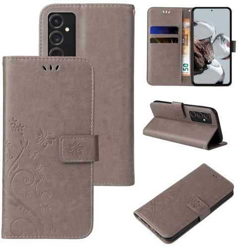 LBH Handy Hülle für Samsung Galaxy S24 Case Handytasche Schmetterling Blumen Flower Standfunktion Schutzhülle Magnet Rundum Schutz 360 Grad Flipcase Cover Grau