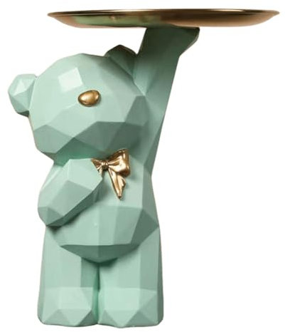 BLOOOK Statue Skulptur,Bär Figur Dekorative Tablett,Bären Skulpturen mit Dekotablett,Teddy Bär Deko Figuren Schlüsselschale,Dekoschale für Dessert Kosmetik Schmuck Kerzen (Hellgrün (A))