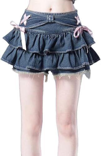 LLECDASEUI Y2K Frauen Fliege Rüschen Saum Blau Jean Plissee Sexy Minirock Hohe Taille A Linie Kawaii Kuchen Röcke