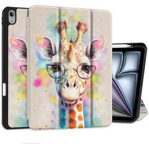 MEEgoodo Schutzhülle für iPad Air 13 Zoll 2025 2024 (M3/M2), Tablet-Hüllen mit dreifach faltbarem Ständer + Stifthalter + Auto Wake/Sleep + weiche TPU-Rückseite, Giraffe