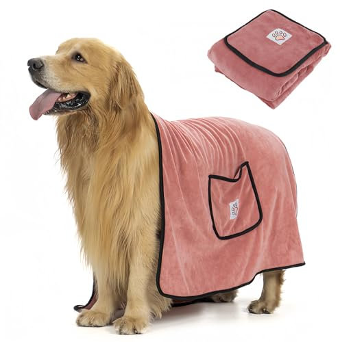 heavenlife Badehandtuch für Hunde, Handtücher Schnelltrocknend Groß Hund 130X70cm, Hundehandtuch Mikrofaser 400gsm Extra Weich, Handtuch Extra Saugfähig Mit Taschen für Haustier (Rosa)