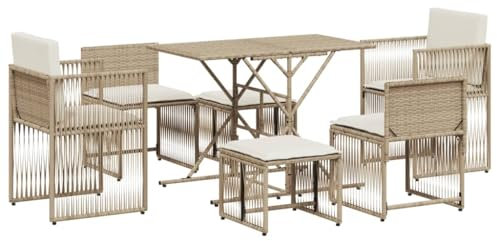 vidaXL Garten Essgruppe 7-TLG., Gartenmöbel Set mit Kissen, Gartengarnitur Tisch 4 Stühle 2 Hocker, Sitzgruppe Sitzgarnitur, Beige Poly Rattan