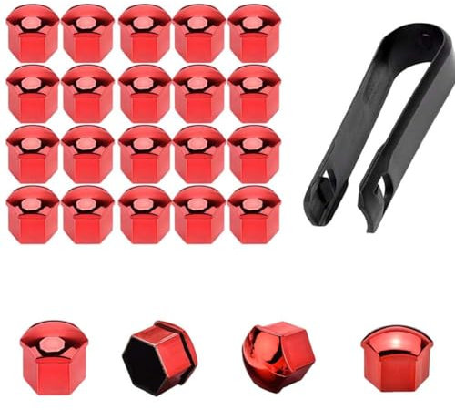 KJUHYHBhHHg 20 Stück Auto Radmutterkappen für Audi A3 A4 A5 RS4, Sechskant Radschrauben Abdeckungen Set mit Entfernung Werkzeug Reifenmutter-Abdeckkappen,E/Red-21mm